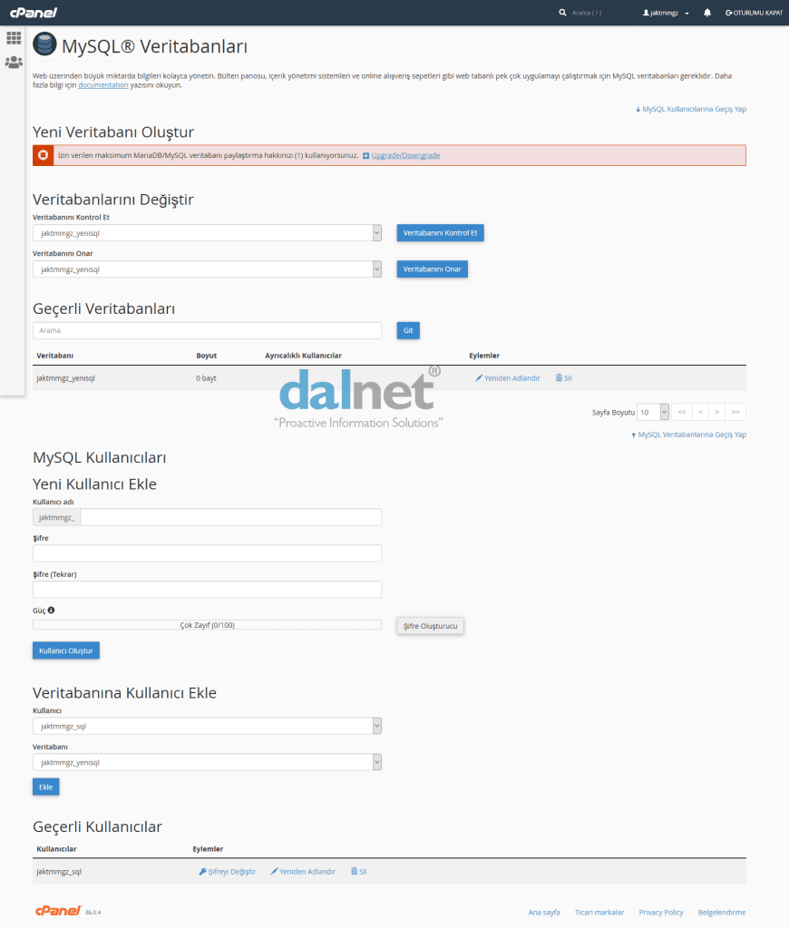 mySQL oluşturma İşlemi