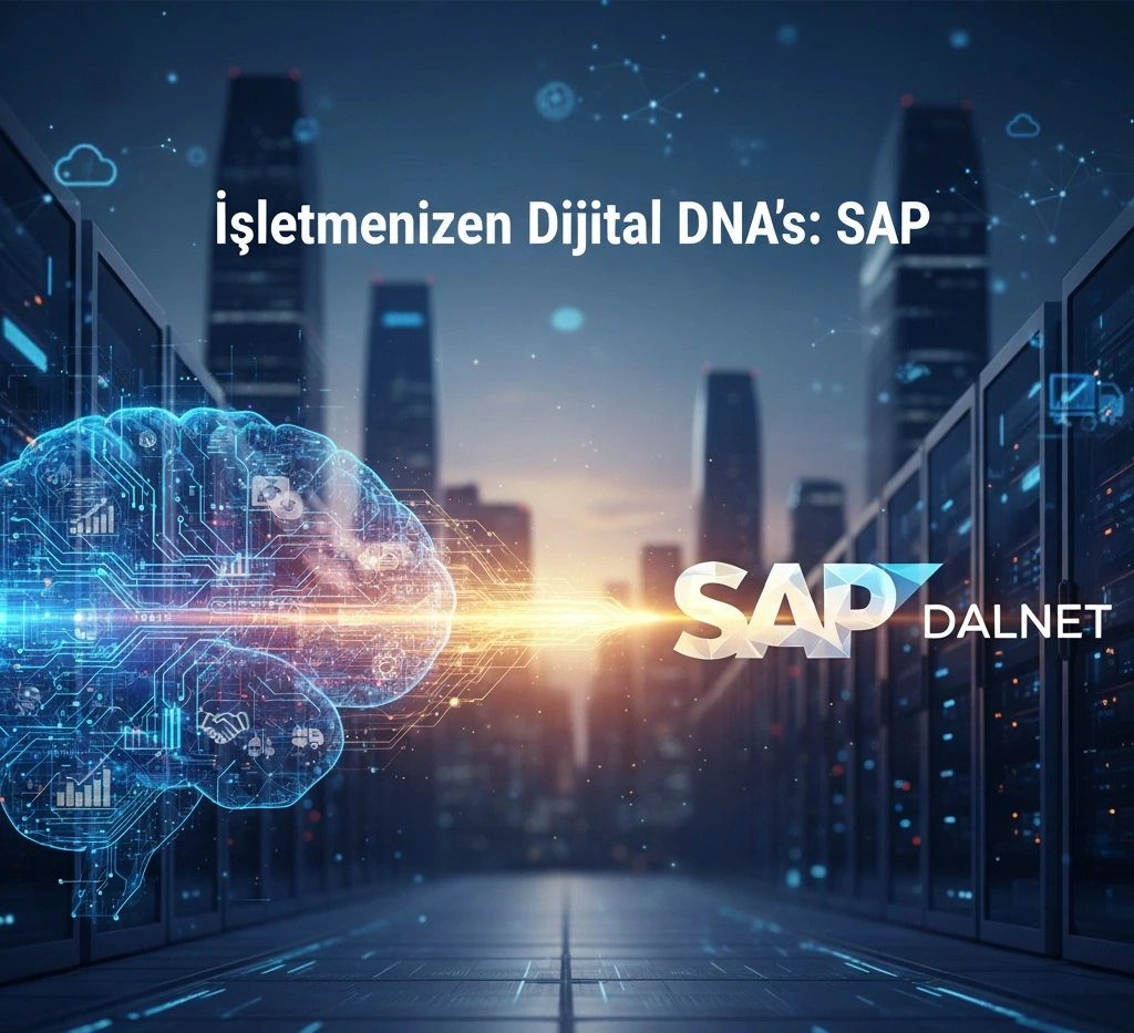 Fütüristik bir veri merkezi koridorunda, devrelerden oluşmuş parlak dijital bir beyin. Beyinden çıkan veri akışları, SAP ve DALNET logolarına doğru ilerliyor. Arka planda modern bir şehir silüeti, teknolojinin kurumsal dünyadaki merkezi rolünü simgeliyor.